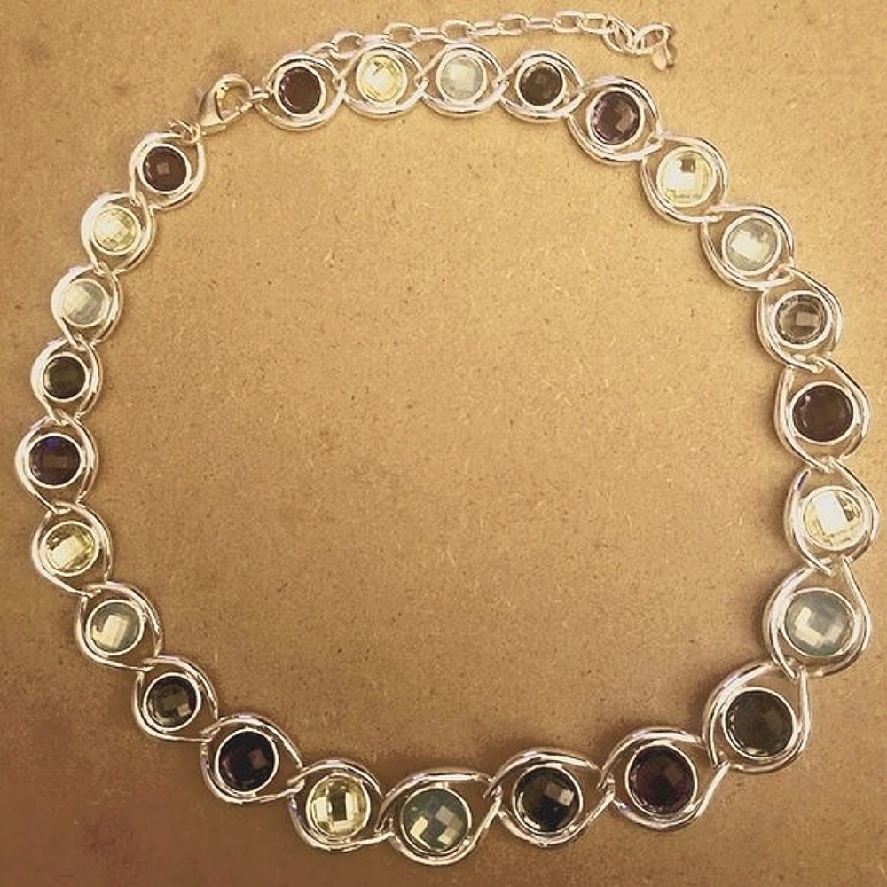Silver Toned Choker Necklace with Multicolored Rhinestones